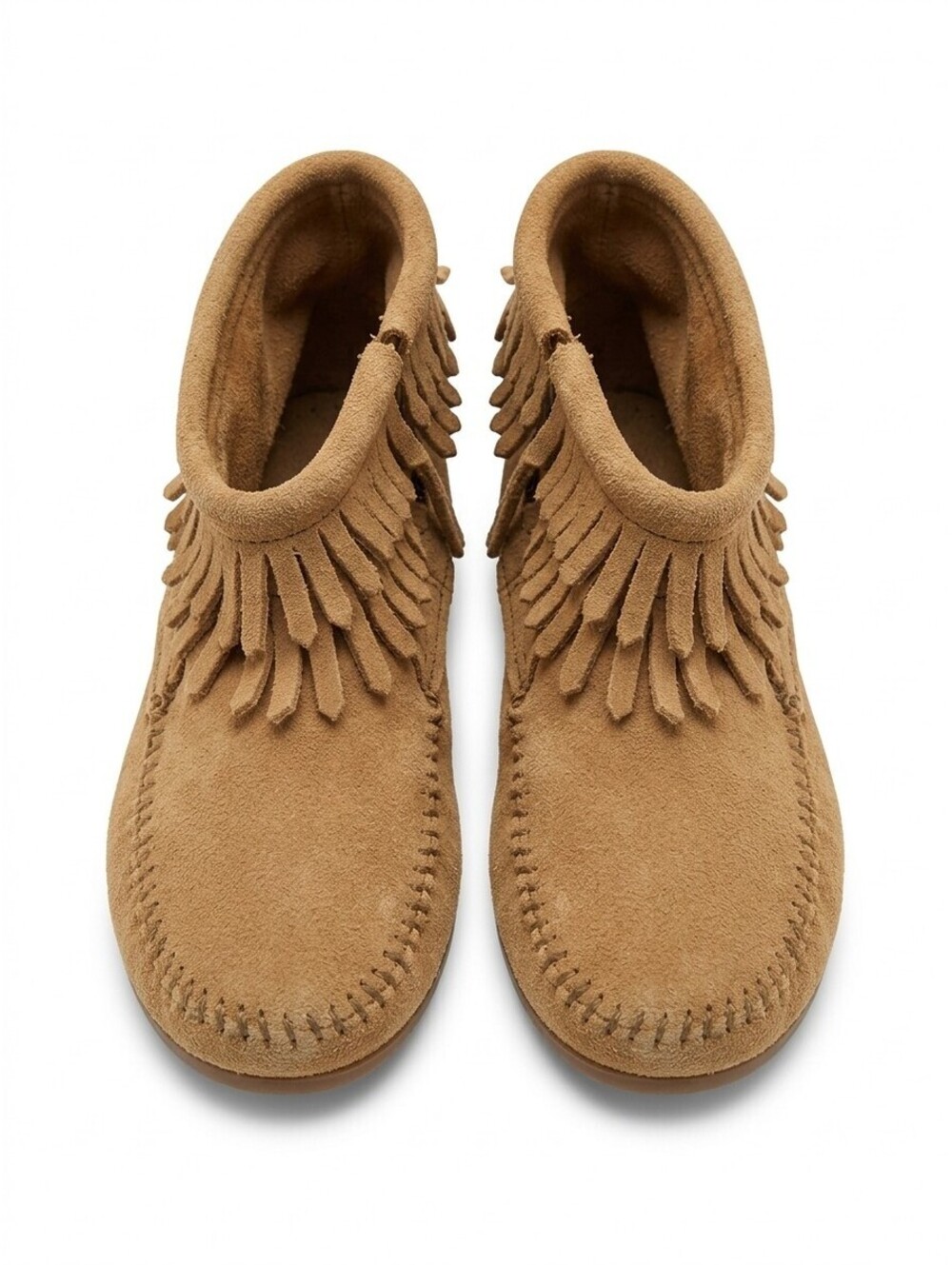 Minnetonka Double Fringe Side Zip Moccasin Boots Kids Size 12 Taupe Suede VGC